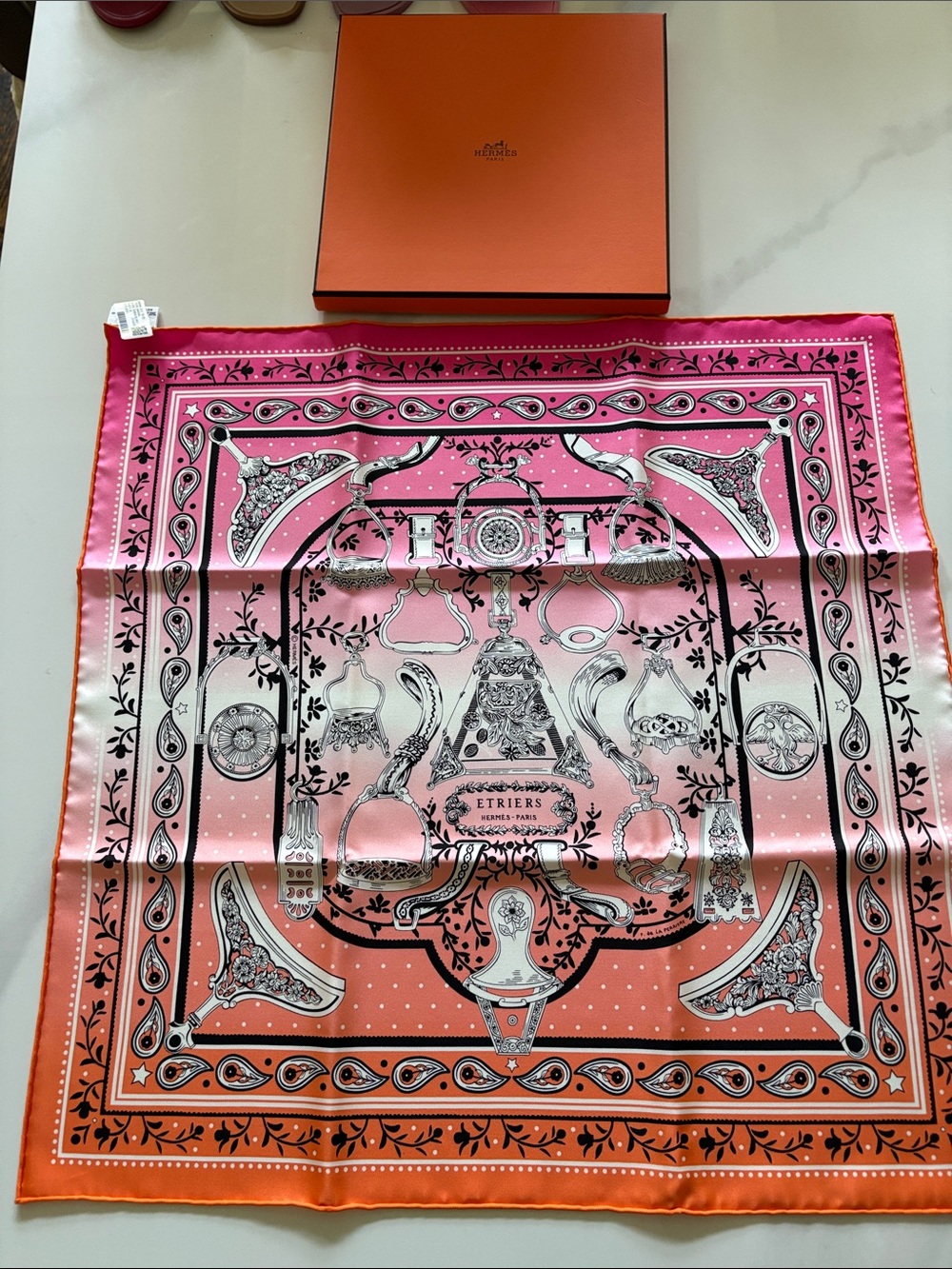 Hermes Pink and Orange Etriers Silk Scarf size 55cm x 55cm